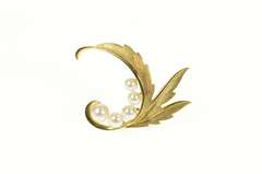 14K Yellow Gold Retro Mikimoto Pearl Leaf Swirl Statement Pin/Brooch