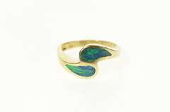 14K Yellow Gold Tear Drop Black Opal Inlay Bypass Statement Ring