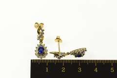 10K Yellow Gold Pear Syn. Sapphire Diamond Halo Dangle Earrings