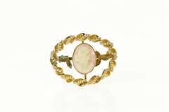 10K Yellow Gold Ornate Carved Lady Cameo Seed Pearl Twist Pin/Brooch