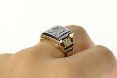 10K Yellow Gold Carved Hematite Intaglio Soldier Men's Retro Ring