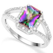 925 STERLING SILVER OCT 6*8 MM MYSTIC GEMSTONE & DIAMOND WOMEN RING