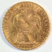 Gem BU 1910 France 20 Francs Gold 'Rooster' coin