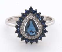 18k Stamped White Gold Ocean Blue Teardrop Sapphire Ring with Diamonds