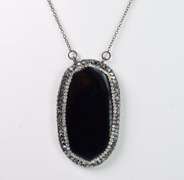 Beautiful Large Tablet Cut Onyx Set with Sparkling Halo of Crystal Accents Necklace
