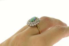 14K Yellow Gold 1940's Natural Opal 1.92 Ctw Diamond Halo Ring