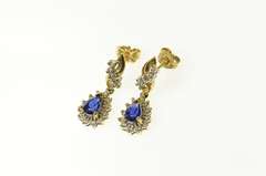 10K Yellow Gold Pear Syn. Sapphire Diamond Halo Dangle Earrings
