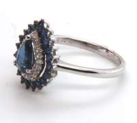 18k Stamped White Gold Ocean Blue Teardrop Sapphire Ring with Diamonds