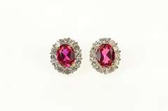 10K Yellow Gold Oval Syn. Ruby CZ Halo Classic Screw Back Earrings