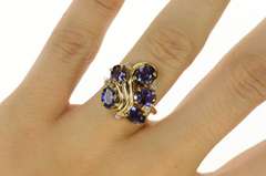 14K Yellow Gold Iolite Diamond Cluster Ornate Cocktail Ring