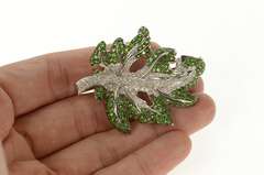 18K White Gold 9.55 Ctw Pave Tsavorite Garnet Diamond Leaf Pin/Brooch