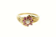 10K Yellow Gold Diamond Ruby Halo Round Flower Cluster Ring