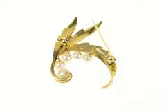 14K Yellow Gold Retro Mikimoto Pearl Leaf Swirl Statement Pin/Brooch