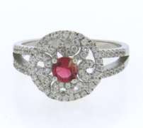 Sterling Silver Halo Ring with Pink Gemstone Surrounded by Cubic Zirconias