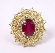 Dazzling 14K Yellow Gold Ladies Ring with Rubies and Diamonds