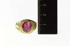 10K Yellow Gold Art Deco Syn. Ruby Masonic Compass Squared Ring