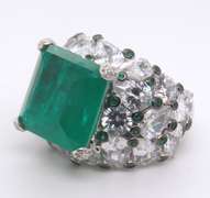 Green Emerald and CZ Sterling Silver Ring