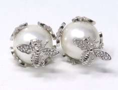 Sterling Silver Pearl Bee Earrings