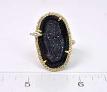 Fantastic Black Geode Formation & CZ Set in Yellow Gold Plated Sterling Silver Ring