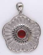 Voluminous Floral Sterling Silver Pendant with Red Core and Cubic Zirconias