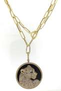 Phenomenal Handmade Italian Panther Necklace with 14k Gold Cable Chain and Pendant Rimmed with Cubic Zirconias and a Black Onyx Center