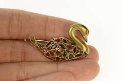 14K Yellow Gold Sapphire Ruby Encrusted Swan Statement Pin/Brooch