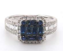 Impressive 18k Stamped White Gold Sapphire Ring with Channel Set Baguette Diamonds