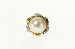 14K Yellow Gold Ornate Pearl Diamond Swirl Halo Cocktail Ring