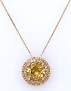 Fantastic Golden Zircon w Double Diamond Halo Pendant on Chain