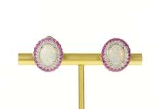 18K White Gold Oval Opal Diamond Ruby Halo Clip Back Earrings
