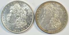 Flashy AU 1879-O & 1880-O Morgan Silver Dollars. Better