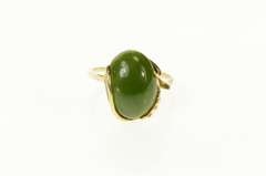 14K Yellow Gold Retro Jadeite Oval Cabochon Wheat Accent Ring