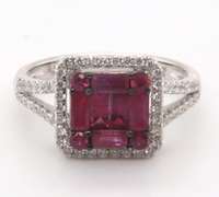 Brilliant 18k Stamped White Gold Square Cluster Ruby Ring with Sparkling Diamonds