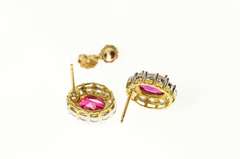 10K Yellow Gold Oval Syn. Ruby CZ Halo Classic Screw Back Earrings