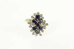 14K Yellow Gold Retro Ornate Sapphire Diamond Petal Halo Ring