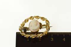 10K Yellow Gold Ornate Carved Lady Cameo Seed Pearl Twist Pin/Brooch