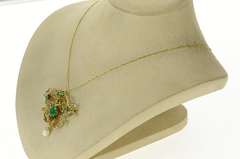 14K Yellow Gold Victorian Chrysoprase Seed Pearl Scroll Pendant/Pin