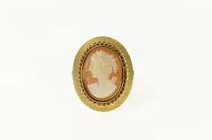 14K Yellow Gold Retro Ornate Carved Shell Cameo Statement Ring