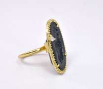 Fantastic Black Geode Formation & CZ Set in Yellow Gold Plated Sterling Silver Ring