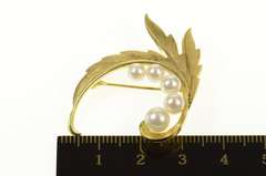 14K Yellow Gold Retro Mikimoto Pearl Leaf Swirl Statement Pin/Brooch