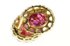 10K Yellow Gold Oval Syn. Ruby CZ Halo Classic Screw Back Earrings