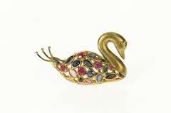 14K Yellow Gold Sapphire Ruby Encrusted Swan Statement Pin/Brooch