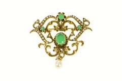 14K Yellow Gold Victorian Chrysoprase Seed Pearl Scroll Pendant/Pin