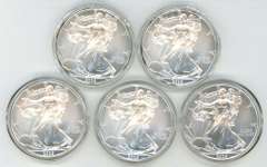5 Superb Gem BU 2009 $1 Silver Eagles in custom capsules