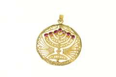 14K Yellow Gold Ruby Turquoise Filigree Menorah Spinning Charm/Pendant