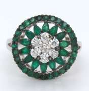 Pretty Floral Emerald and Diamond Ring with 18k Stamped White Gold Band