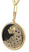 Enrapturing Handmade Italian 14k Gold Cable Chain Necklace with Onyx Pendant and Spotted Panther with Cubic Zirconias