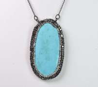 Terrific Tablet Cut Turquoise Gemstone Pendant Necklace with Crystal Accents
