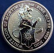 2020 White Lion Of Mortimer 5 Pound Queens Beast 2oz .999 Silver Coin.