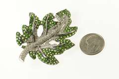 18K White Gold 9.55 Ctw Pave Tsavorite Garnet Diamond Leaf Pin/Brooch
